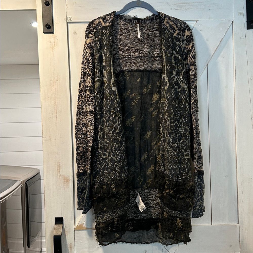 Free People Caspia Boho Mixed Material Cardigan Small Ruffle Peasant Festival